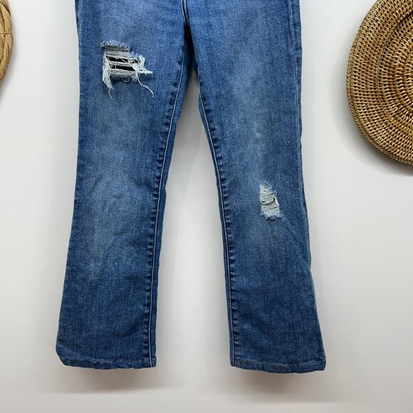 Express Blue Distressed Mid Rise Boot Cut Jeans Denim 2S 2 SHORT - Picture 4 of 5